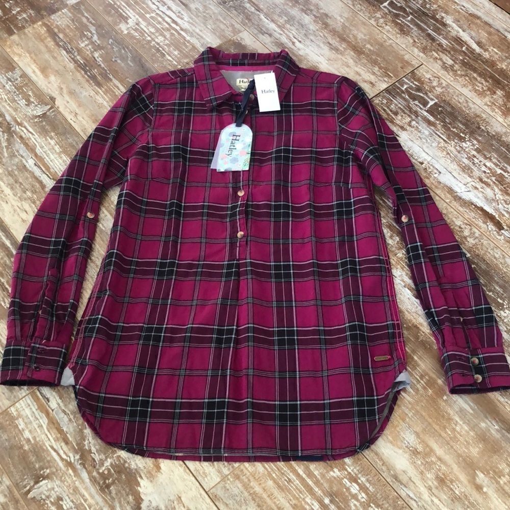 New Hatley Plaid Popover Blouse Half Button Front size Small
